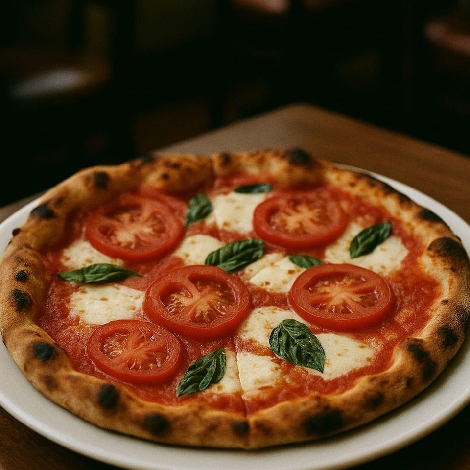 A Margherita pizza with fresh tomatoes, mozzarella, and basil on a white plate.
