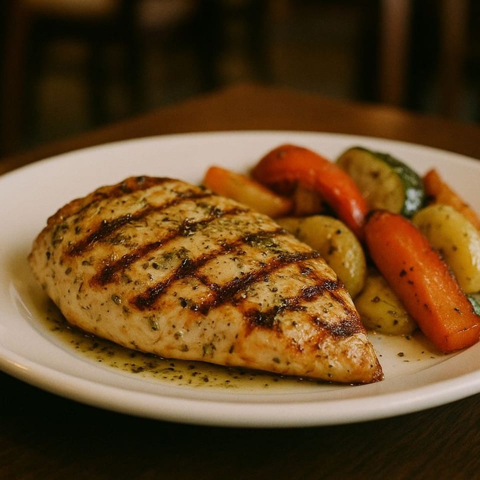 Grilled chicken breast with grill marks, served with roasted potatoes, carrots, and zucchini on a white plate.