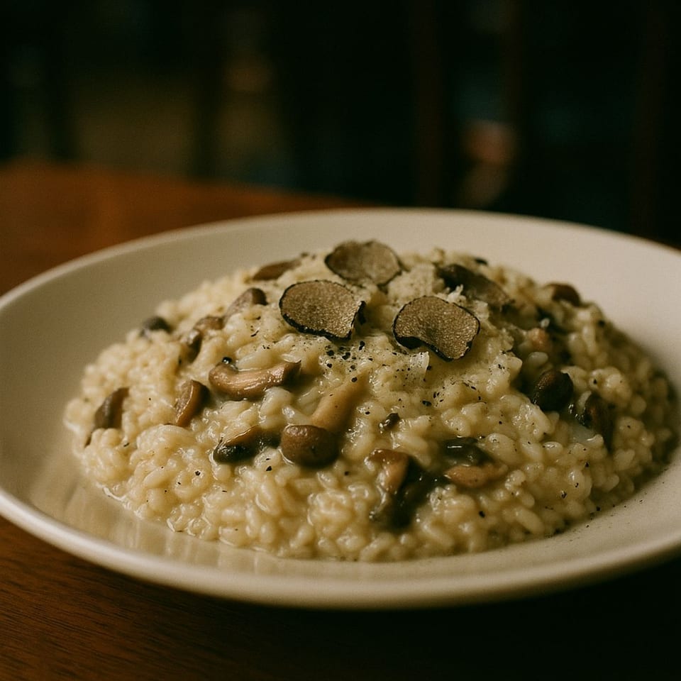Creamy mushroom risotto topped with shaved black truffles and pepper on a white plate.