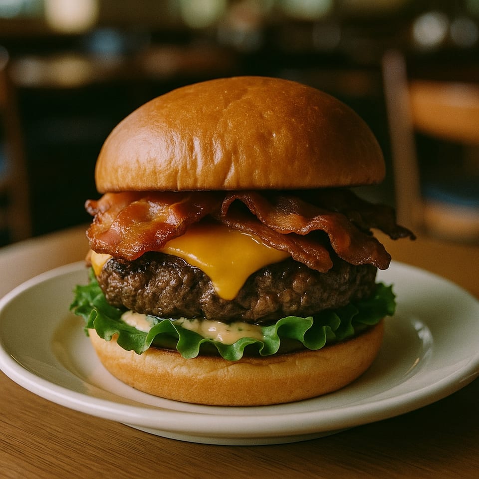 A Zani's bacon cheeseburger with lettuce and sauce on a white plate.